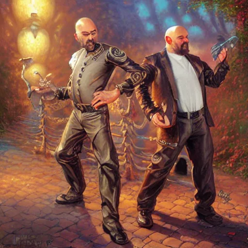 Prompt: a bald man in leatherclothes with a goatee,pride parade, art by Tony sart, Thomas kinkade