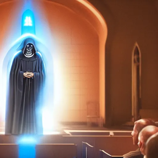 Image similar to emperor palpatine preaching to people at church, 8k cinematic lighting, very sharp detail, anatomically correct