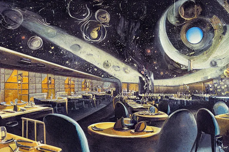 Image similar to interior view of the restaurant at the end of the universe, fine dining, by Chriss Foss