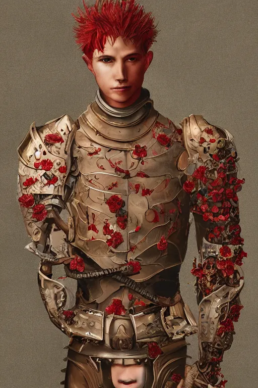 Image similar to portrait of beautiful young man, warhammer, japaneese style, more cyber armor, a lot of more scars, more and more flowers, red head, the middle ages, highly detailed, artstation, illustration, art by rene magritte, 8 k quality