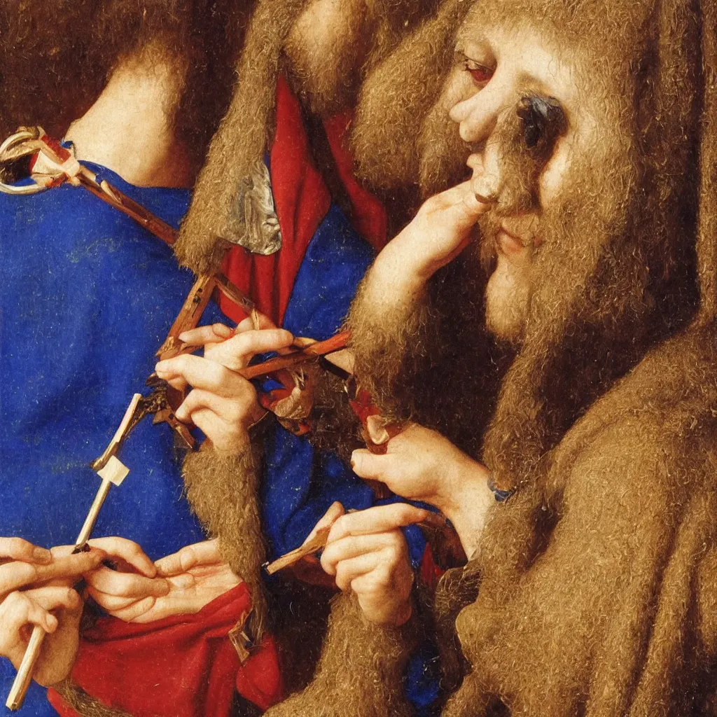 Image similar to close up of the artist face painting a miniature, lapis - lazuli. painting by jan van eyck