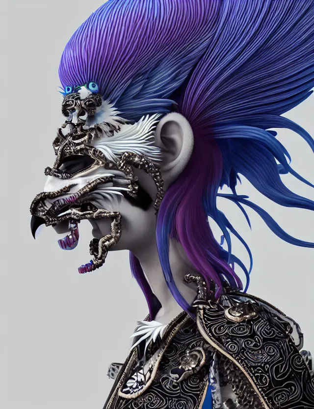 Image similar to 3 d goddess close - up profile portrait punk with mohawk with ram skull. beautiful intricately detailed japanese crow kitsune mask and clasical japanese kimono. betta fish, jellyfish phoenix, bio luminescent, plasma, ice, water, wind, creature, artwork by tooth wu and wlop and beeple and greg rutkowski