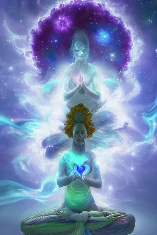 Image similar to A woman in maditation pose in a cosmic place to meditation about 12 petal heart chakra stellar meditations on flower of heart chakra stellar by Anita Kunz, Leonardo da Vinci, Peter Mohrbacher, Tomasz Jedruszek and Jakub Różalski, Trending on artstation. highlights 8k resolution unreal engine hiperrealistic neon glow darkness dramatic hdr dramatic flower neon stellar color scheme