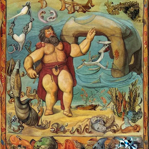 Image similar to The collage shows a mythological scene. A large, bearded man is shown seated on a throne, surrounded by sea creatures. He has a trident in one hand and a shield in the other. Behind him is a large fish, and in front of him are two smaller creatures. lofi, cave painting by Beatrix Potter, by Henry Justice Ford geometric