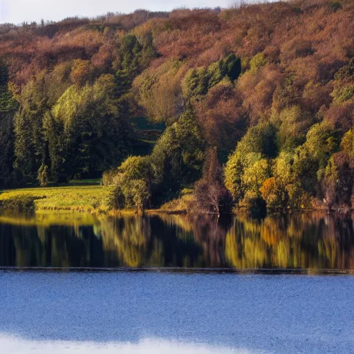 Image similar to a cinematic shot of an old blue rowing boat at the side of a still loch with the reflection of the trees and high scottish mountains visible reflecting in the water and a large house barely visible in the distance on the opposite side of the water through a gap in the trees