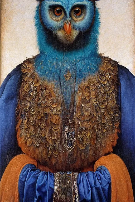 Image similar to portrait of humanoid iridescent blue owlbear wearing a loose tunic. an anthropomorphic owlbear. fantasy, oil painting by jan van eyck, northern renaissance art, oil on canvas, wet - on - wet technique, realistic, expressive emotions, intricate textures, illusionistic detail