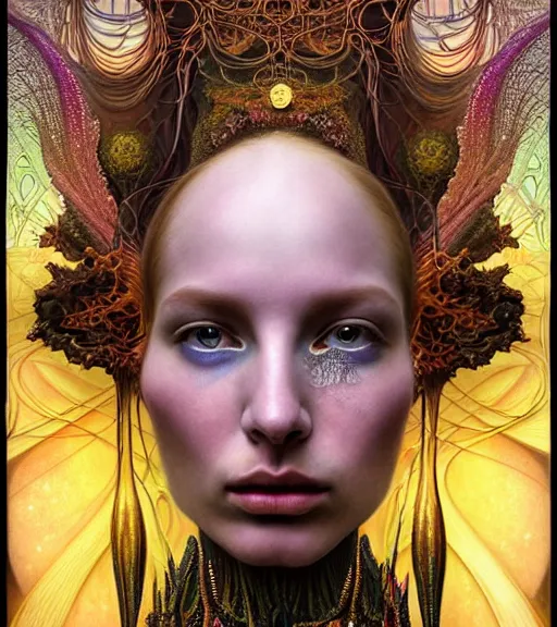 Prompt: detailed realistic beautiful young groovypunk queen of andromeday galaxy in full regal attire. face portrait. art nouveau, symbolist, visionary, baroque, giant fractal details. horizontal symmetry by zdzisław beksinski, iris van herpen, raymond swanland and alphonse mucha. highly detailed, hyper - real, beautiful