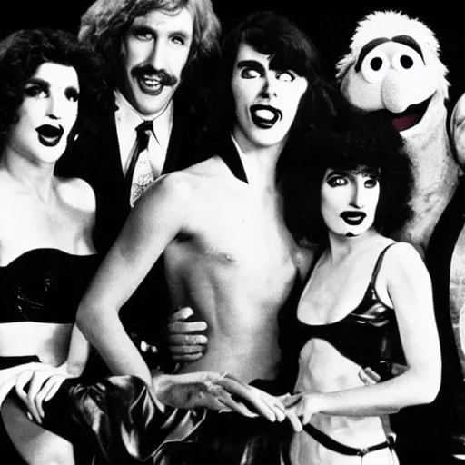 Prompt: 1977 promotional photograph for the rocky horror show starring Jim Henson’s Muppets.