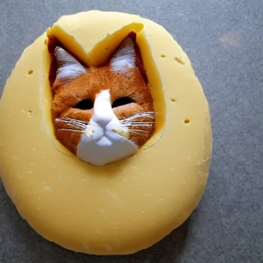 Prompt: Cat made out of cheese. The fur texture is swiss cheese. Droopy molten Camembert. Meow.