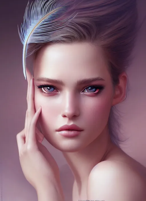 Image similar to a gorgeous female photo, professionally retouched, soft lighting, wearing a feather dress, realistic, smooth face, perfect eyes, wide angle, sharp focus on eyes, 8 k high definition, insanely detailed, intricate, elegant, art by artgerm and greg rutkowski and mark hill