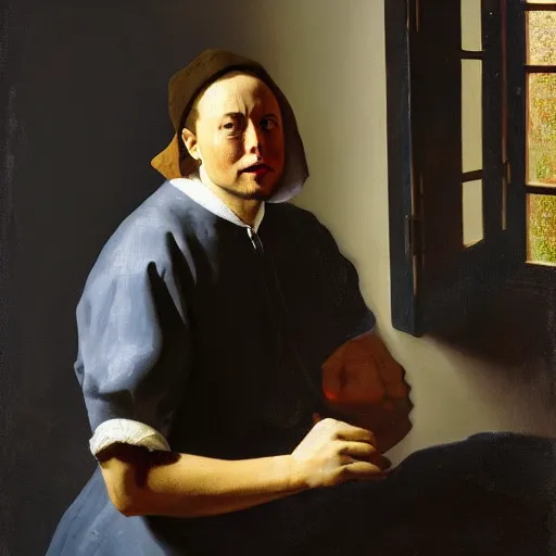 Prompt: Portrait of Elon Musk, painting by Dutch painter Vermeer, window light