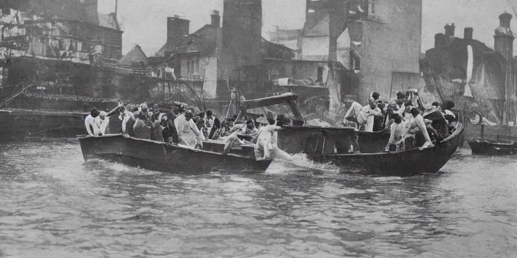 Image similar to a boat being grabbed by a giant underwater hand while people run away, 1 9 0 0 s photograph