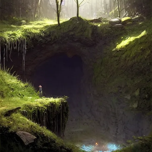 Prompt: an underground cavern, grassy floor rising to a hill in the centre. a small creek bubbles across it, spanned by a footbridge. at the top of the hill is a small stone altar, lit by a single shaft of sunlight coming through a crack in the ceiling, fantasy art by greg rutkowski