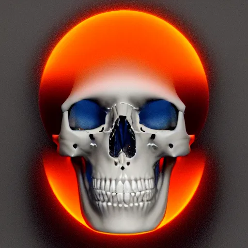 Image similar to real human skull with robotic circular orange light electronic eyes in eye sockets, unreal engine, artstation, render