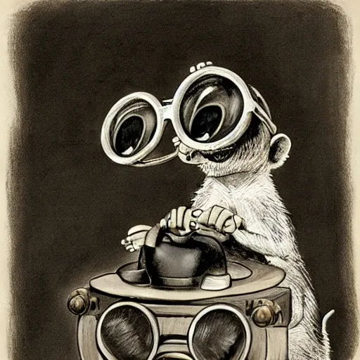 Image similar to a rat with steampunk googles, by Charles Addams