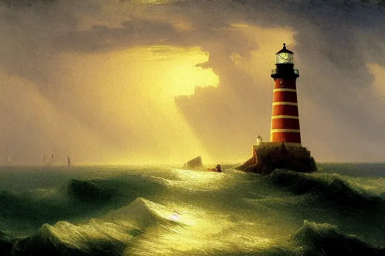 Image similar to lighthouse lit by crepuscular ray of sun, dark, stormy, cliff, crashing waves, sea, headland, carl spitzweg, david curtis, jmw turner, ivan aivazovsky, morgan weistling, seascape