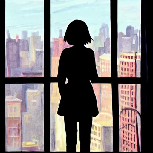 Image similar to “ a girl holding a cup of coffee looking out a window overlooking the east village in new york city, morning light, by hayao miyazaki ”