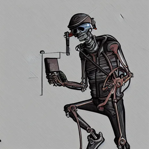 Image similar to cyberpunk skeleton maintenance worker fixing a modem, sharp lines, digital, artstation, colored in