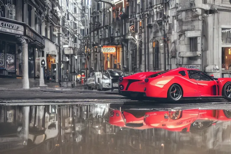 Prompt: a ferrari enzo parked on a rainy city street, reflected in a puddle, neon lights, night time, beautiful lighting