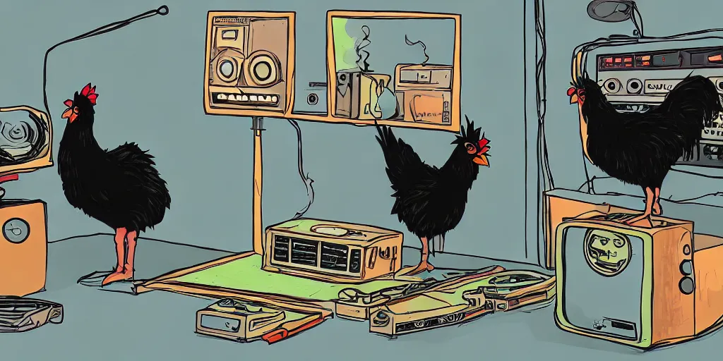 Image similar to 'black chicken'!!! smoking 'cannabis'!!!!!! in front of 'audio console'!!!! and 'multi monitors'!!!! 'in a hi-tech tv broadcasting studio'!!!!, artwork by James Gilleard