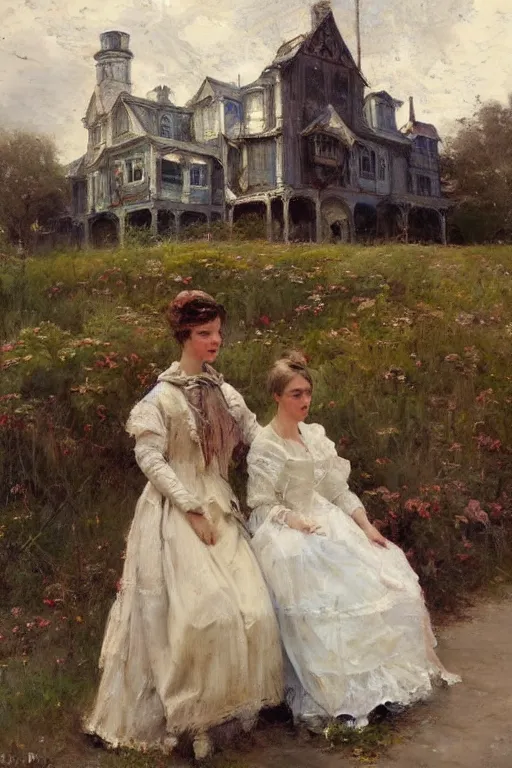 Prompt: Richard Schmid and Jeremy Lipking full length portrait painting of a victorian castle