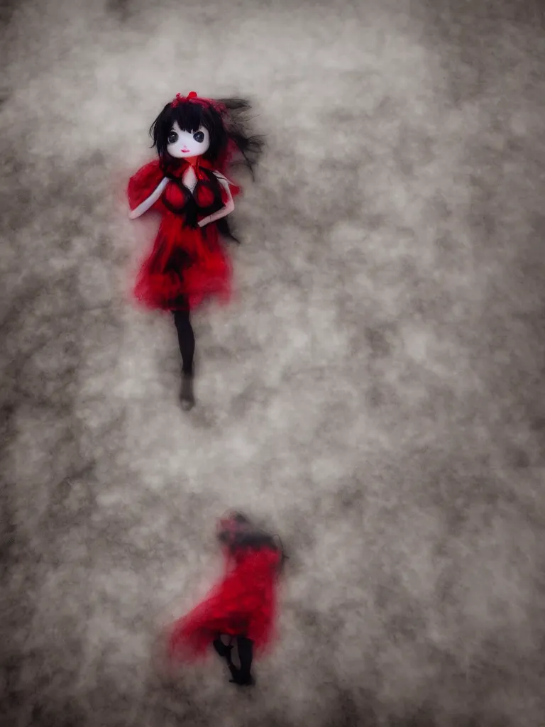 Image similar to cute drooping ectoplasmic fumo plush gothic maiden ghost apparition girl, in the lobby of a flooded abandoned hotel where it rains inside, volumetric fog, melting black and red dress, vignette, bokeh