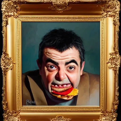 Prompt: portrait of rowan atkinson eating giant hamburgers, extra bacon lettuce and tomatoes, an oil painting by ross tran and thomas kincade