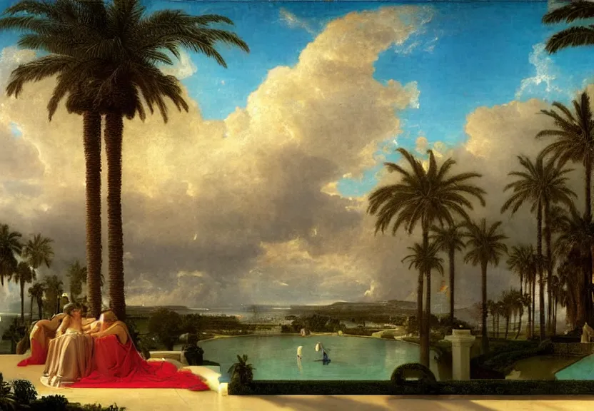 Prompt: The biggest palace ever made, thunderstorm, greek pool, beach and palm trees on the background major arcana sky, by paul delaroche, hyperrealistic 8k, very detailed