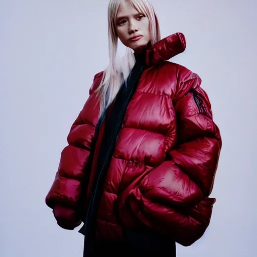 Image similar to realistic photoshooting for a new balenciaga lookbook, color film photography, portrait of a blonde asian woman, model wearing a puffer jacket, photo in style of tyler mitchell, 3 5 mm,