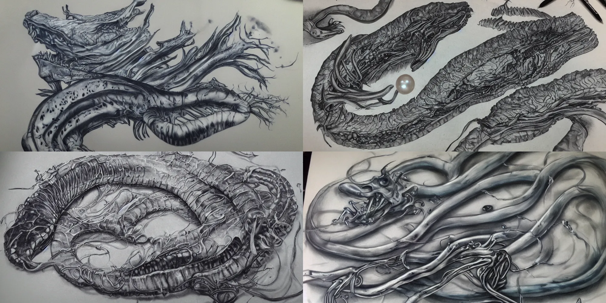 Prompt: air brushed eel monster graphite pearls ribs spinal cord