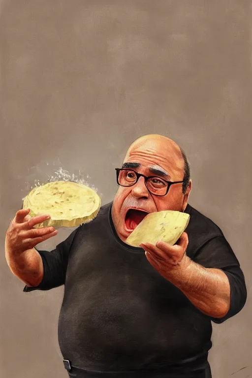 Prompt: oil portrait of angry danny devito eating an entire wheel of cheese, reddit moderator, epic, cinematic, elegant, highly detailed, featured on artstation