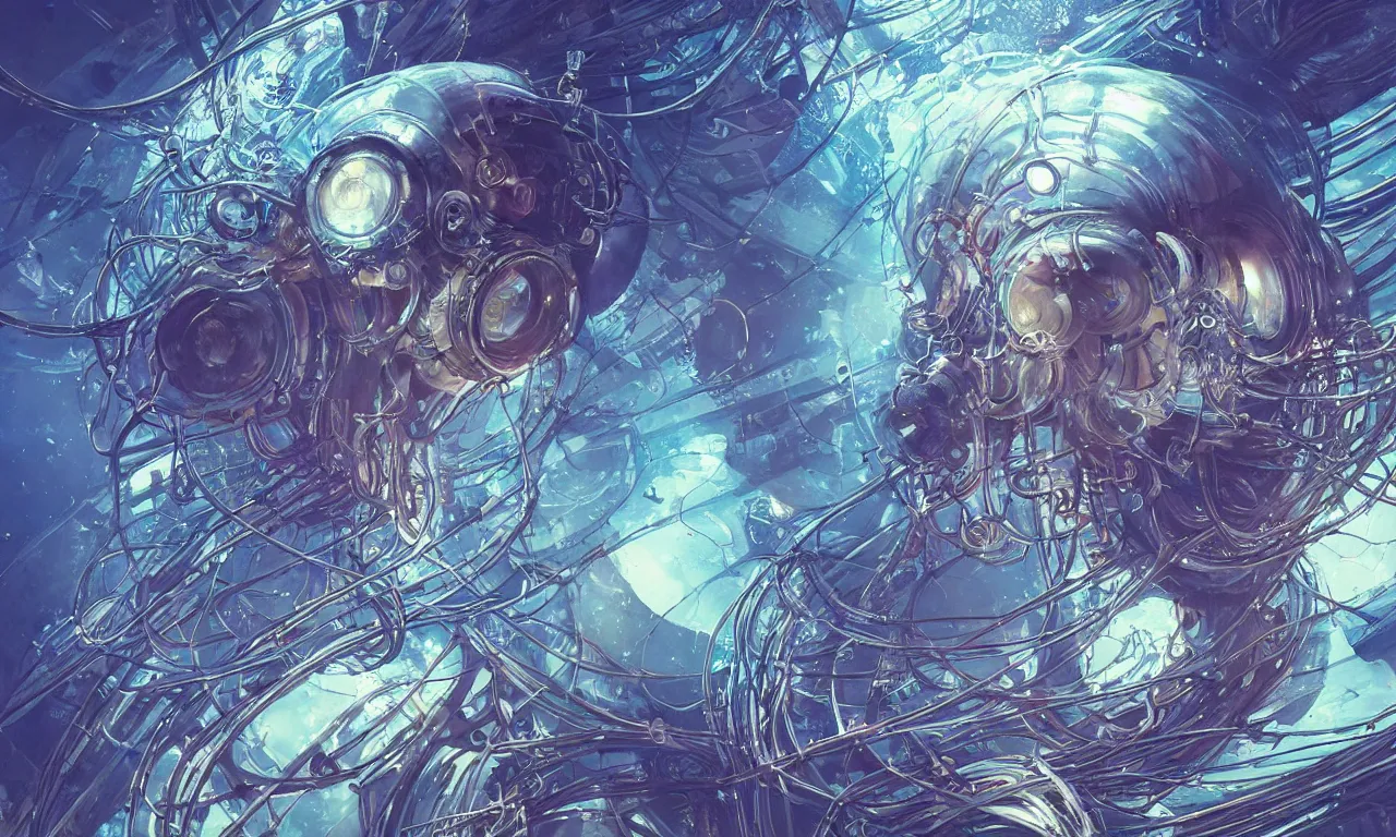 Image similar to a hyper detailed painting of a cyberpunk jellyfish, cables everywhere, blue tones, underwater, highly detailed, digital painting, artstation, concept art, smooth, sharp focus, illustration, art by artgerm and greg rutkowski and alphonse mucha