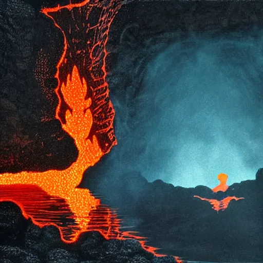 Image similar to head of kirby emerges from a lava lake, cave background, high detail, lava reflections, cave reflecting in lava lake, dramatic shot