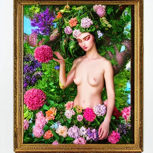 Prompt: a 3 d realistic image of a stunning fierce goddess of women surrounded by lush flowers looking at the mark ryden camera, impressionism, pop 3 d 8 k ultra detailed