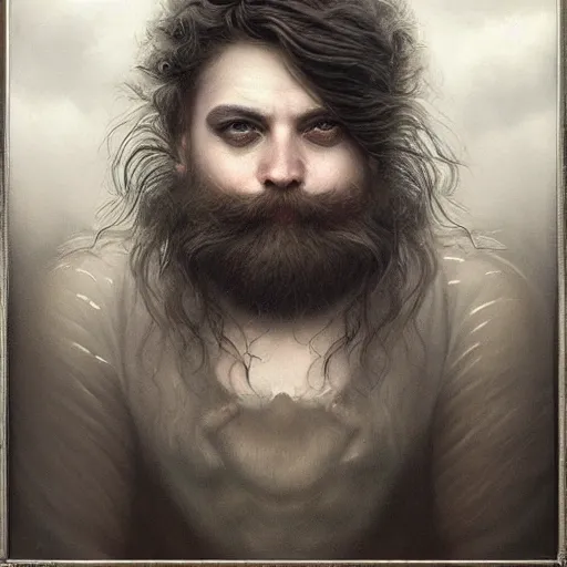 Prompt: By Tom Bagshaw, ultra realist soft painting of gloomy universe by night, silly Dwarf smile beard, symmetry accurate features, very intricate details, ominous sky, black and white, volumetric light clouds