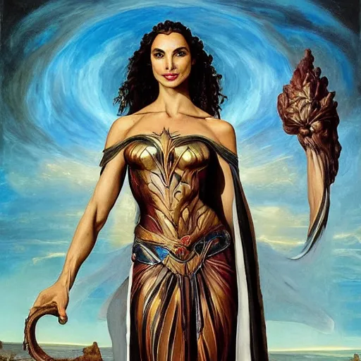 Prompt: Full body oil painting of the beautiful woman Gal Gadot, she is wearing some withe ancient greek cloths and a surreal ornate, her hair is natural disheveled, naturalism, dramatic lighting, high-detailed oil painting by Ilya Repin, Michelangelo da Caravaggio, William Blake, Alex Grey and Beksinski, trending on Artsatio, masterpiece, 4k, 8k,