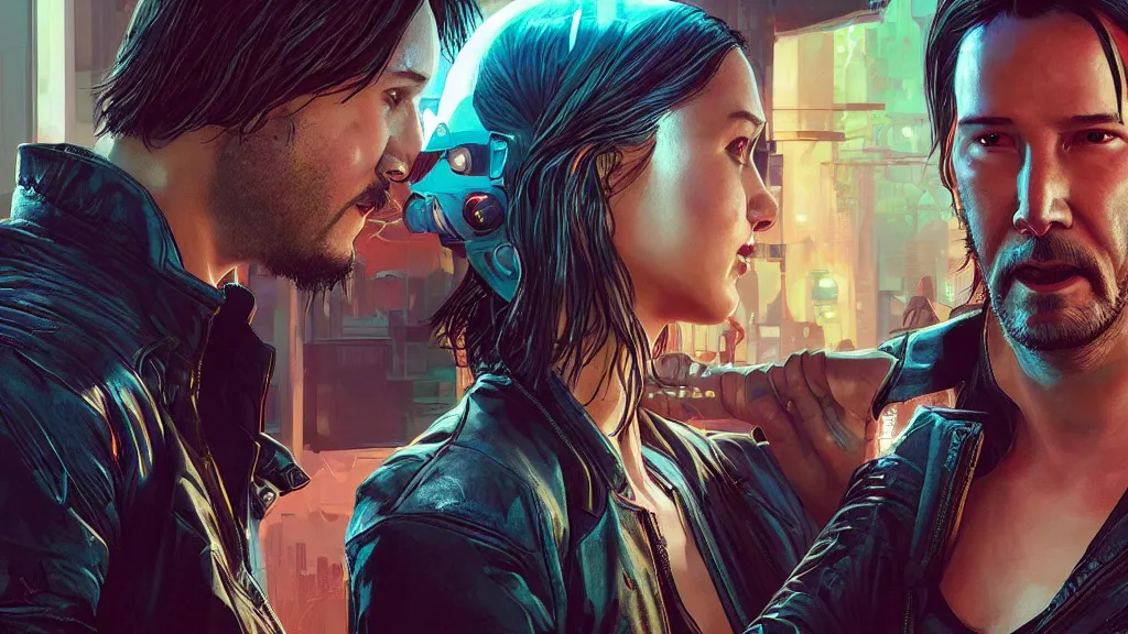 Image similar to a cyberpunk 2077 srcreenshot couple portrait of Keanu Reeves&female android in final kiss,love,film lighting,by Laurie Greasley,Lawrence Alma-Tadema,Dan Mumford,John Wick,Speed,Replicas,artstation,deviantart,FAN ART,full of color,Digital painting,face enhance,highly detailed,8K,octane,golden ratio,cinematic lighting