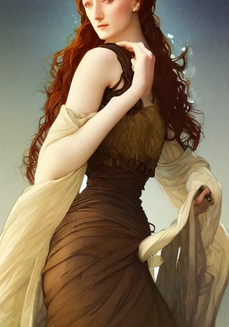 Image similar to sansa stark on sanset, intricate, elegant, highly detailed, digital painting, artstation, concept art, smooth, sharp focus, illustration, art by artgerm and greg rutkowski and alphonse mucha and william - adolphe bouguereau