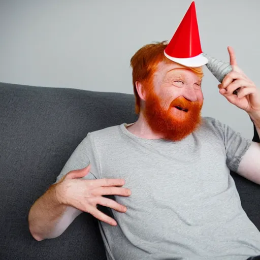 Prompt: drunk ginger haired man slouched on the couch smiling wearing a cone on his head