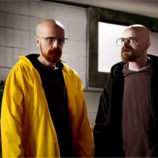 Image similar to walter white and jessie pinkman in gus frings underground laboratory