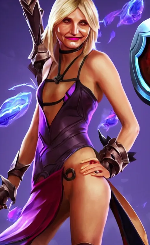 Image similar to Cameron Diaz as a character in the game League of Legends, with a background based on the game League of Legends, detailed face, old 3d graphics