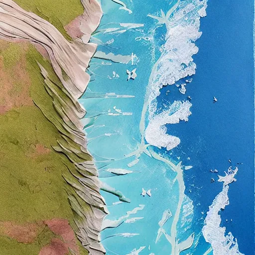 Prompt: drone photography with delicate gouache embellishments this is a land on an unforgiving world of churning oceans and jagged coastlines. every habitable island is situated somewhere along the planet's equator where the weather is still volatile but more hospitable than any points to the north or south, process art