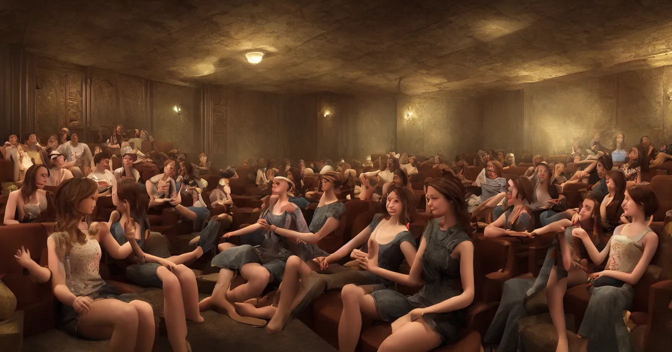 Prompt: girls sit in the cinema and watch the illusions of their lives on the screens of life, which project the light of consciousness, realistic, deep sense of spirituality, contrast shading, unreal engine, vray, style of thomas kinkade,