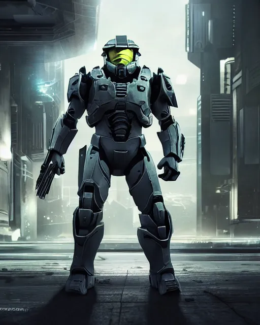 Prompt: off angle beautiful full body shot film still of master chief at night in science fiction city hard surface modeling unreal redshift