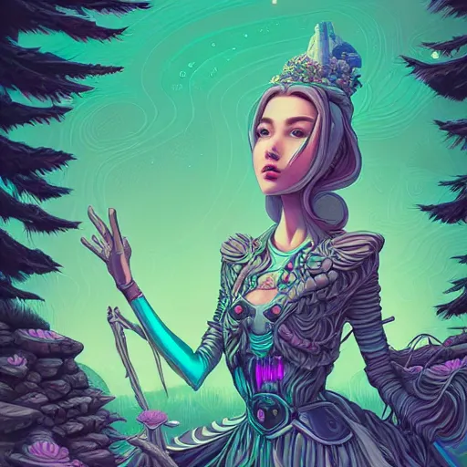 Prompt: ethereal cybernetic princess in the mountains, extremely detailed, sharp focus, wide view, full body shot, smooth, digital illustration, by lisa perrin!!!!, dan mumford, james jean, mcbess!!!!!!! by rossdraws, frank franzzeta, sakimichan