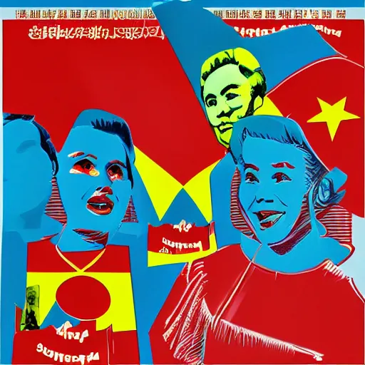 Prompt: a communist revolution in Candy Land, 1960s illustration, high quality, collage in the style of Chinese Propaganda and Andy Warhol, album cover