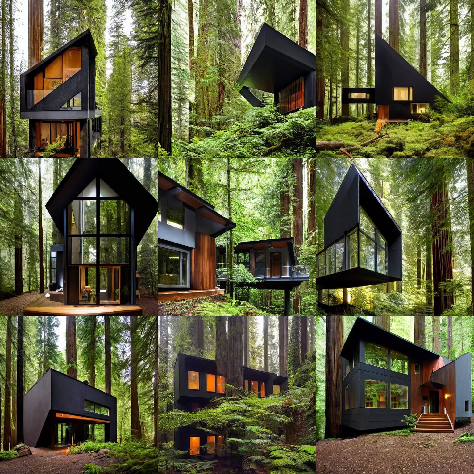 Prompt: modern black solarpunk house, in a magical redwood forest, photo