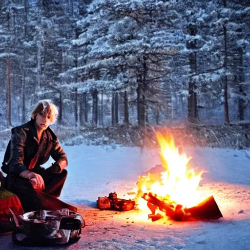 Image similar to a movie still from final fantasy live action, a traveler alone by the campfire in the sno, dieselpunk w