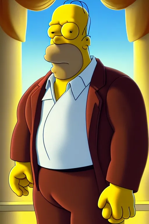 Image similar to clear portrait of homer from the simpsons, cottagecore!!, mafia background hyper detailed, character concept, full body, dynamic pose, intricate, criminal appearance, highly detailed, digital painting, artstation, concept art, smooth, sharp focus, illustration, art by artgerm and greg rutkowski and alphonse mucha