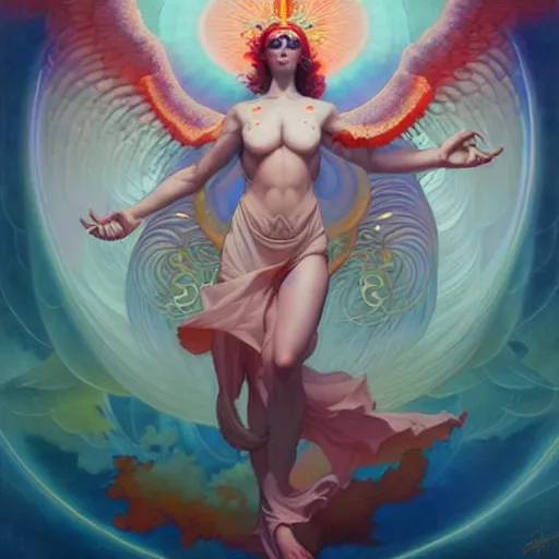 Image similar to psychedelic angelic celestial being artwork of peter mohrbacher, frank xavier leyendecker, energy body, sacred geometry, esoteric art, divinity detailed, saturated colors,